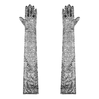 Women Gloves Vintage Shiny Sequin Finger Elbow Length Long Mittens Opera Costume