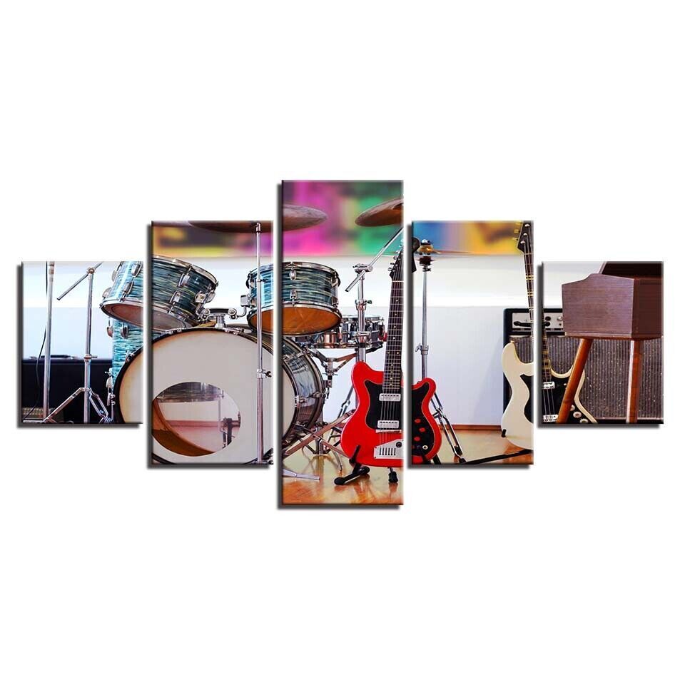 Music Instrument Drum Guitar Set Canvas Prints Painting Wall Art Home Decor 5PCS