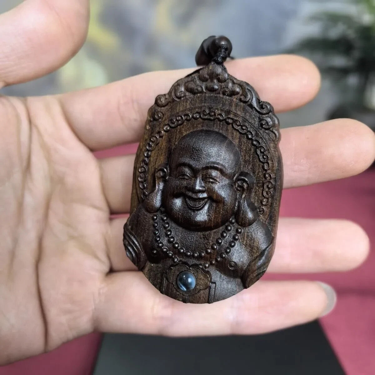 Natural Wood Maitreya Buddha Pandent Projection Necklace Amulet Lucky Gift