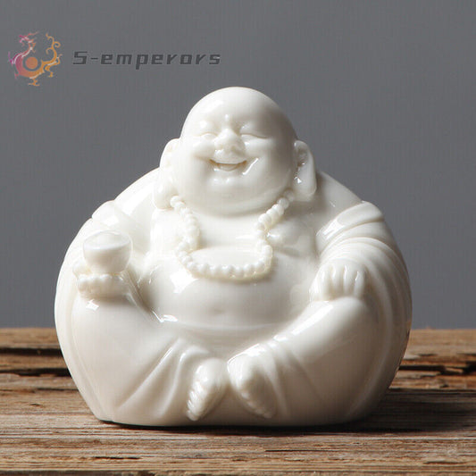 White Porcelain Happy Laughing Maitreya Buddha Statue Buddhism Zen Decor