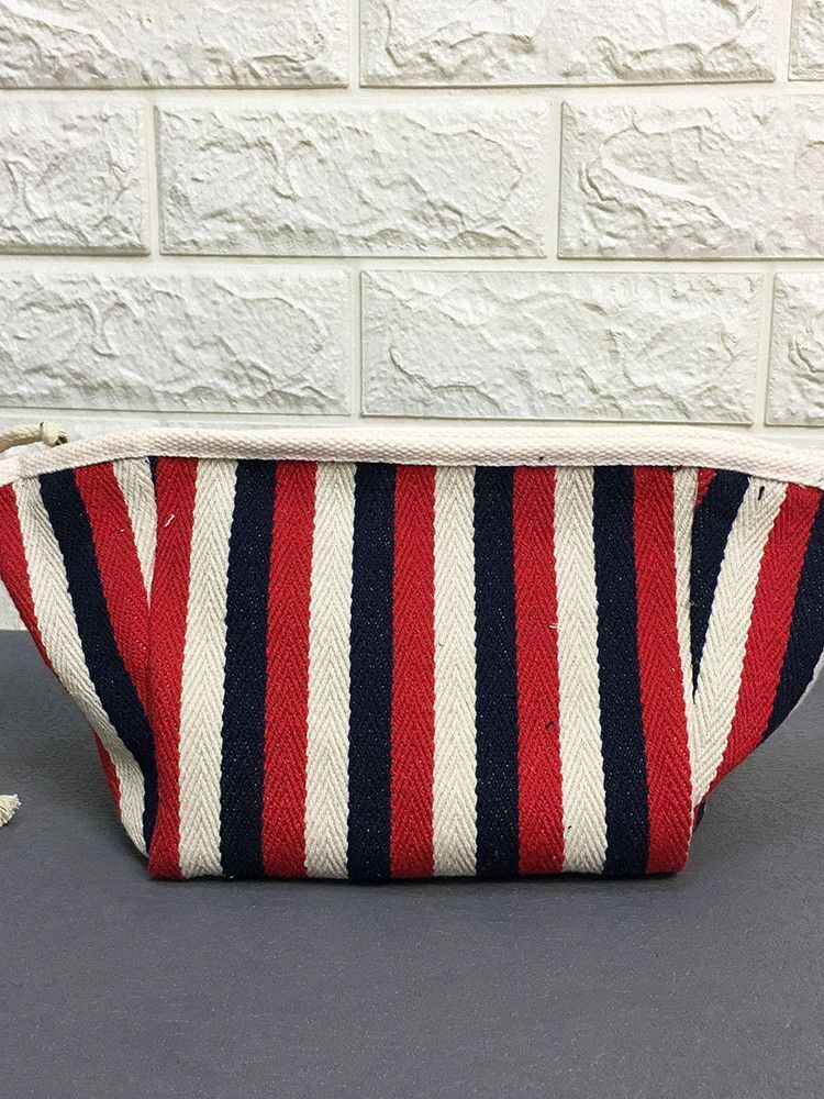 Women Letter Printed Canvas Storage Small Bag Zipper Stripes Cosmetic Clutch Bag