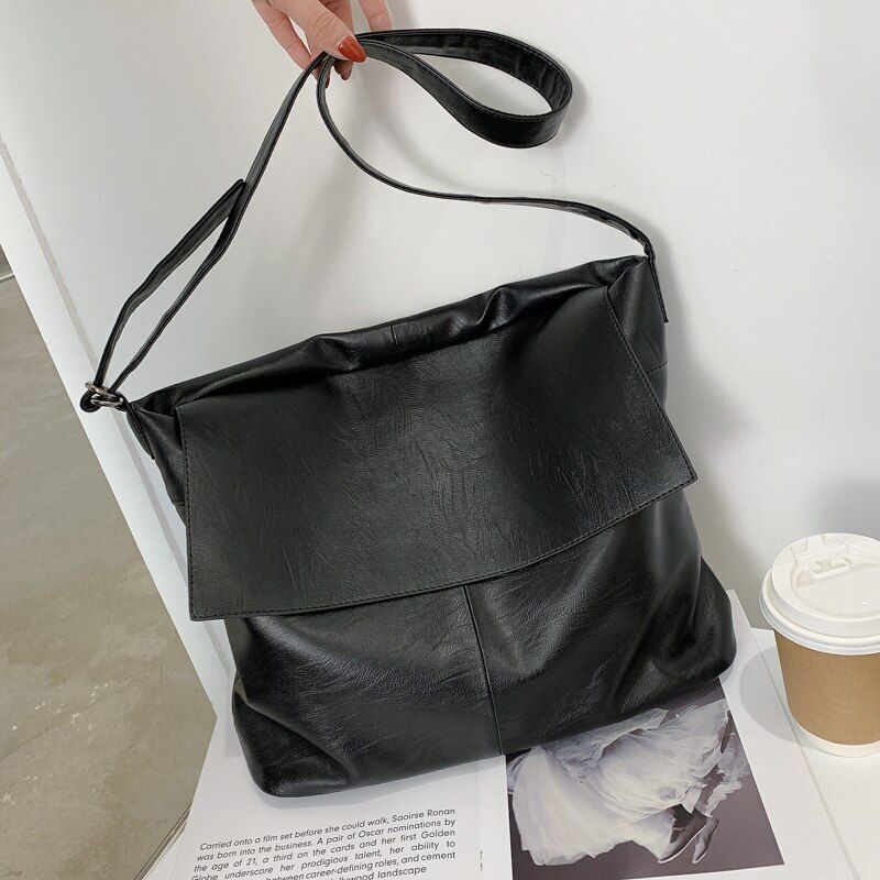 Synthetic Leather Bag Messenger Purse Vintage Black Shoulder Bags Large Handbags