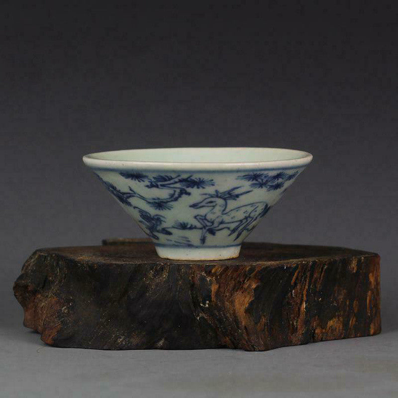 3.2 Inch Blue and White Porcelain Small Bowl Antique Chinese Deer Crane Teacup