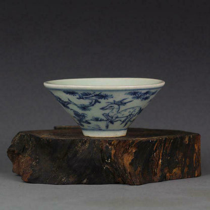 3.2 Inch Blue and White Porcelain Small Bowl Antique Chinese Deer Crane Teacup