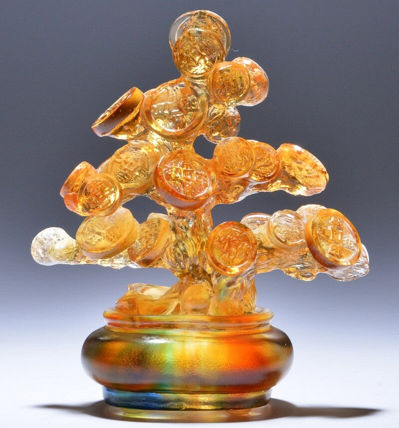 Crystal Coin Tree Statue Chinese Liu Li Glass Feng Shui Wealth Bonsai Money Deco