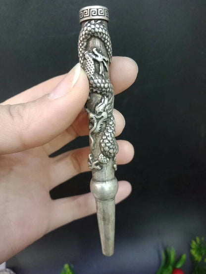Old Chinese Tibet Silver hand-Carved Dragon cigarette holder Smoking tools