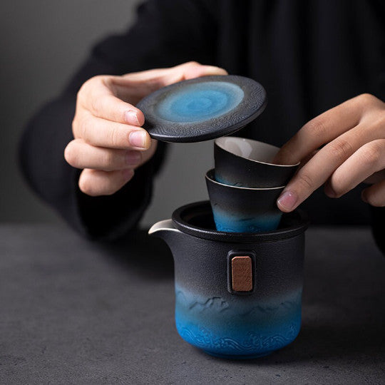 Black and Blue Ceramic Teapot with 2 Cups Portable Travel Tea Set