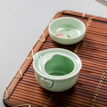 Design Green Ceramic 3d Carp Gaiwan Tea Set Celadon Elegant Kung Fu Teaset