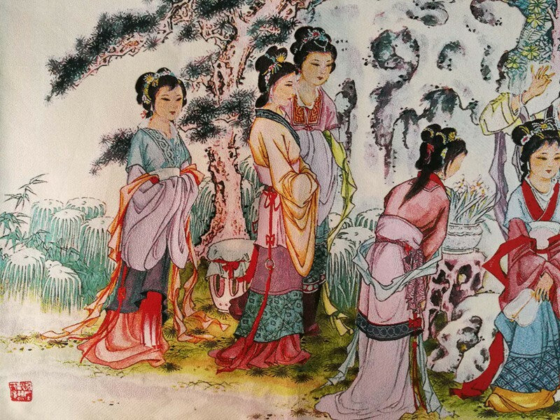 Old Chinese Buddhism Silk Embroidery Painting "Twelve Golden Hairpins"