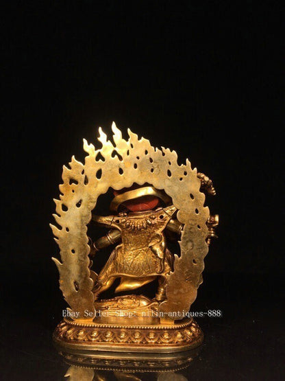 4.9" Old Tibet Buddhism Bronze Gilt 6 Arms Mahakala Wrathful Deity Buddha Statue