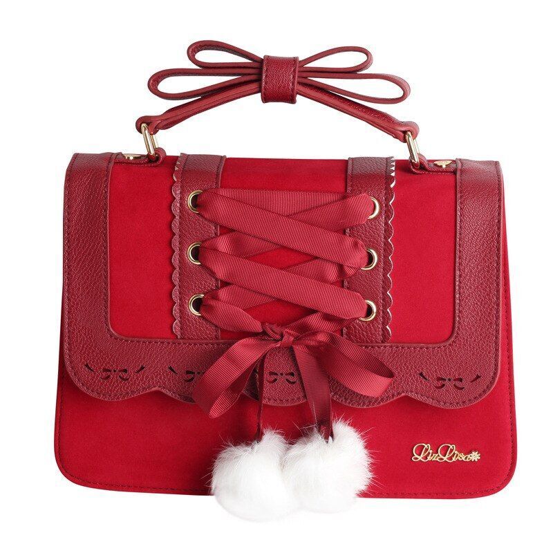 Cute Bow Shoulder Bag Red Handbag Polyester Leather Crossbody Purse 28*9*22.5 CM