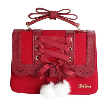 Cute Bow Shoulder Bag Red Handbag Polyester Leather Crossbody Purse 28*9*22.5 CM