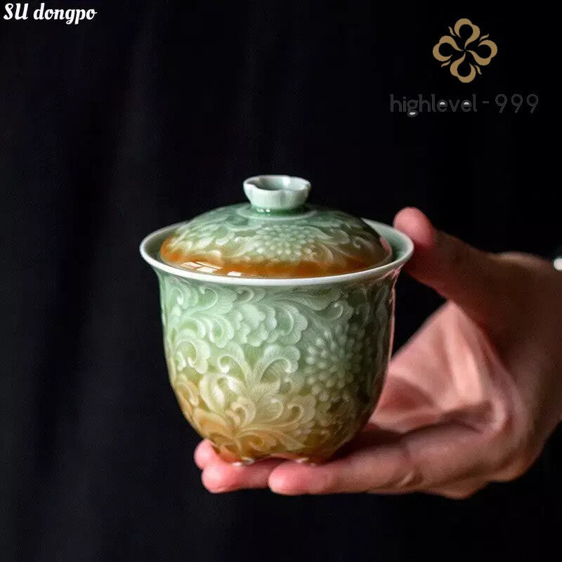 Celadon Carved Relief Gaiwan Ceramic Chinese Tea Bowl Vintage Tea Cup Household