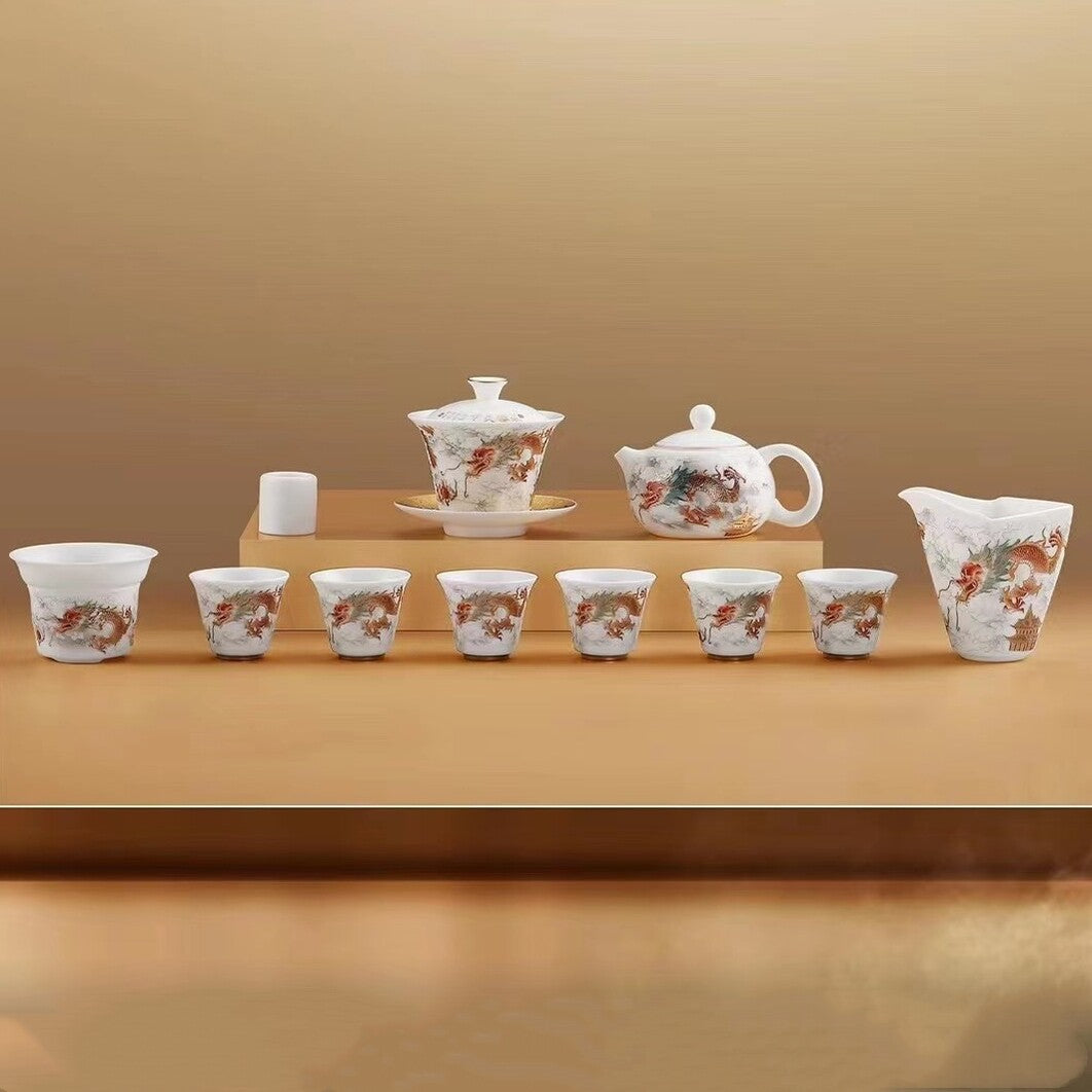 Boutique Tea Set Fat Mutton Jade Porcelain Teapot Gaiwan Hand Drawing Dragon Cup