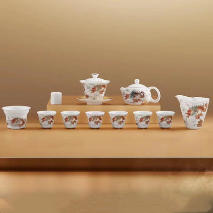 Boutique Tea Set Fat Mutton Jade Porcelain Teapot Gaiwan Hand Drawing Dragon Cup