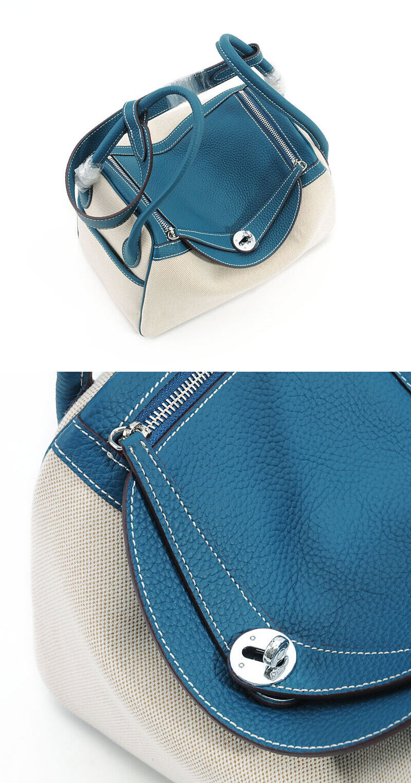 2 Szs Real Leather Linen Tote Shoulder Purse Doctor's Bag Hobo Handbag 2 Handles