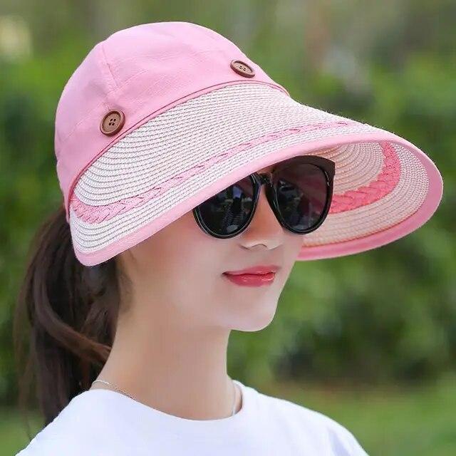 Women Large Brim Floppy Hat Wide Straw Button Caps Summer Beach Sun Visor Hats