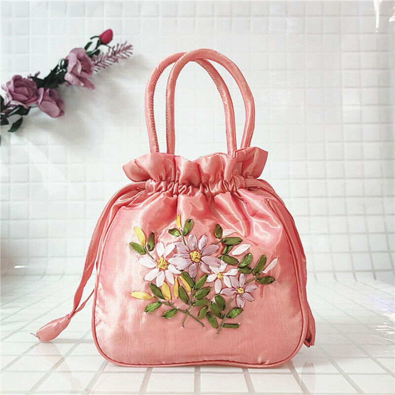 Women Ethnic Embroidered Floral Satin Handbag Girls Drawstring Tote Hanfu Bag