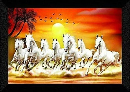 Seven Lucky Running Vastu Horses Art Framed Painting 14*20 inches