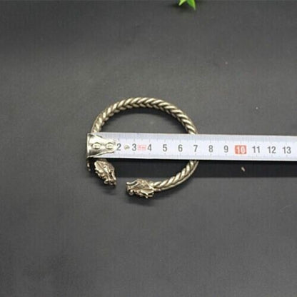 Collectable Old Chinese Tibet Silver Handcarved Dragon Head Bracelet 10023