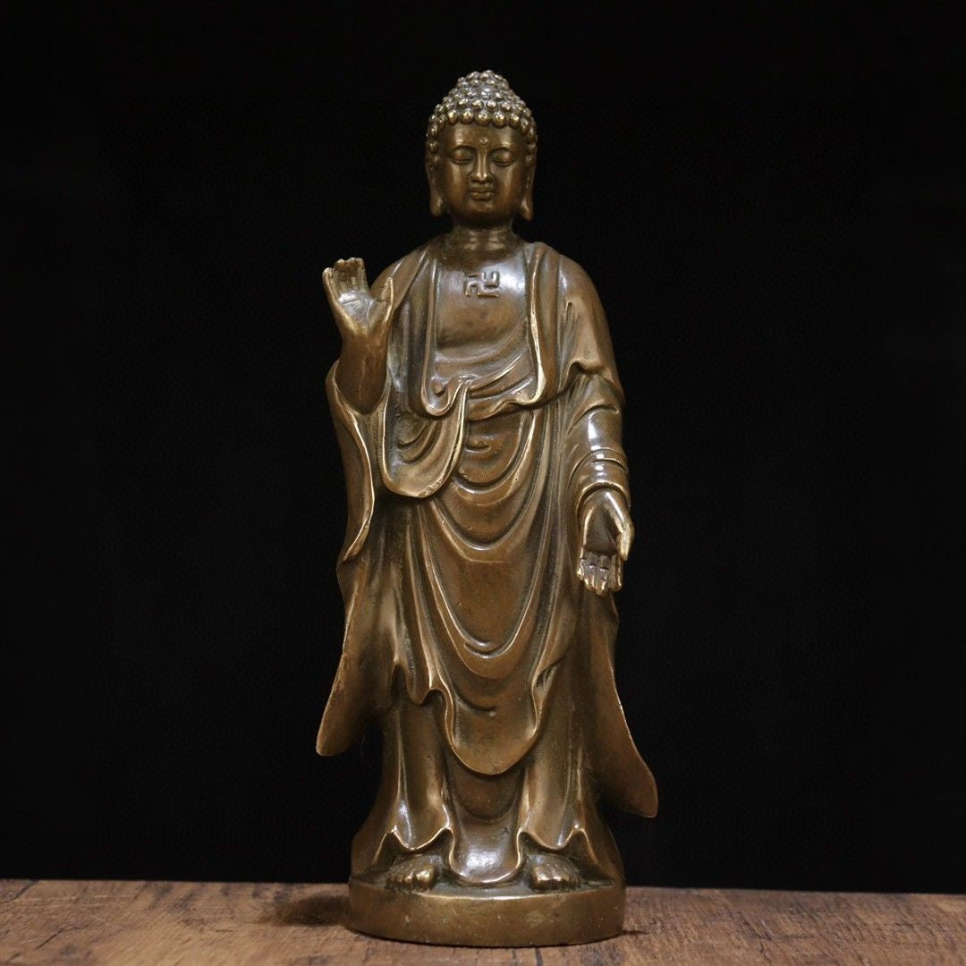 22cm Pure Copper Amitabha Buddha Statue Standing Brass Buddhist Figurine