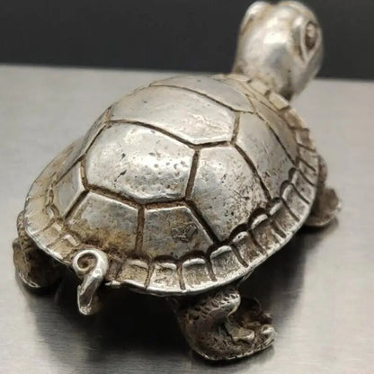 Old Chinese 2.4" Silver Folk Feng Shui Statue Animal Turtel Tortoise Longevity