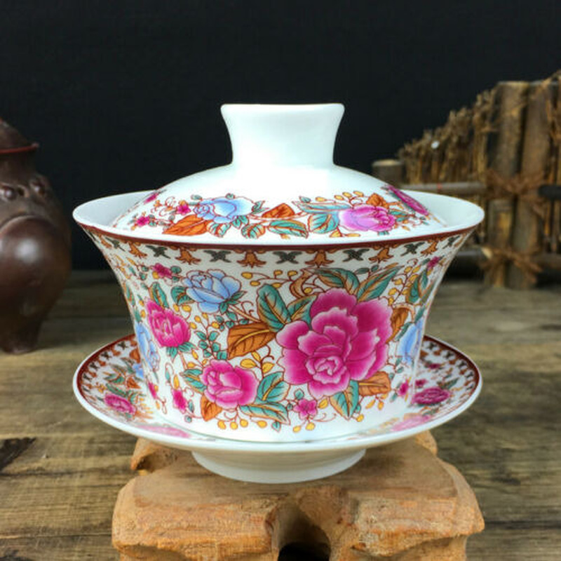 3.7" Chinese Porcelain Tea Set Ceramic Gaiwan Floral Tea Cup Lid Saucer Collect