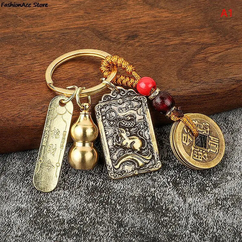 Chinese Style Zodiac Brass Gourd Five Emperors Money Keychain Metal Fengshui