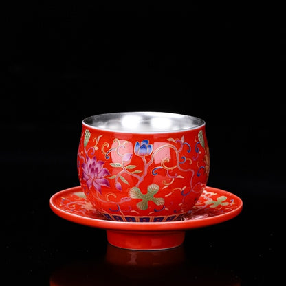 Color Enamel Craft Porcelain Pure Silver Tea Cup With Saucer On Sales 80ml New