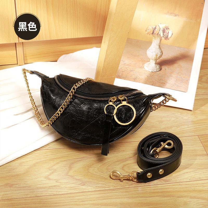 Genuine Leather Waist Bag Shoulder Messenger Bag Crossbody Chains Handbags Black