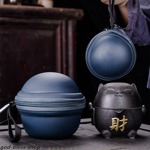 Travel Tea Set with Portable Tea Bag Porcelain Tea Pot + 2 Tea Cup Wealthy Cat