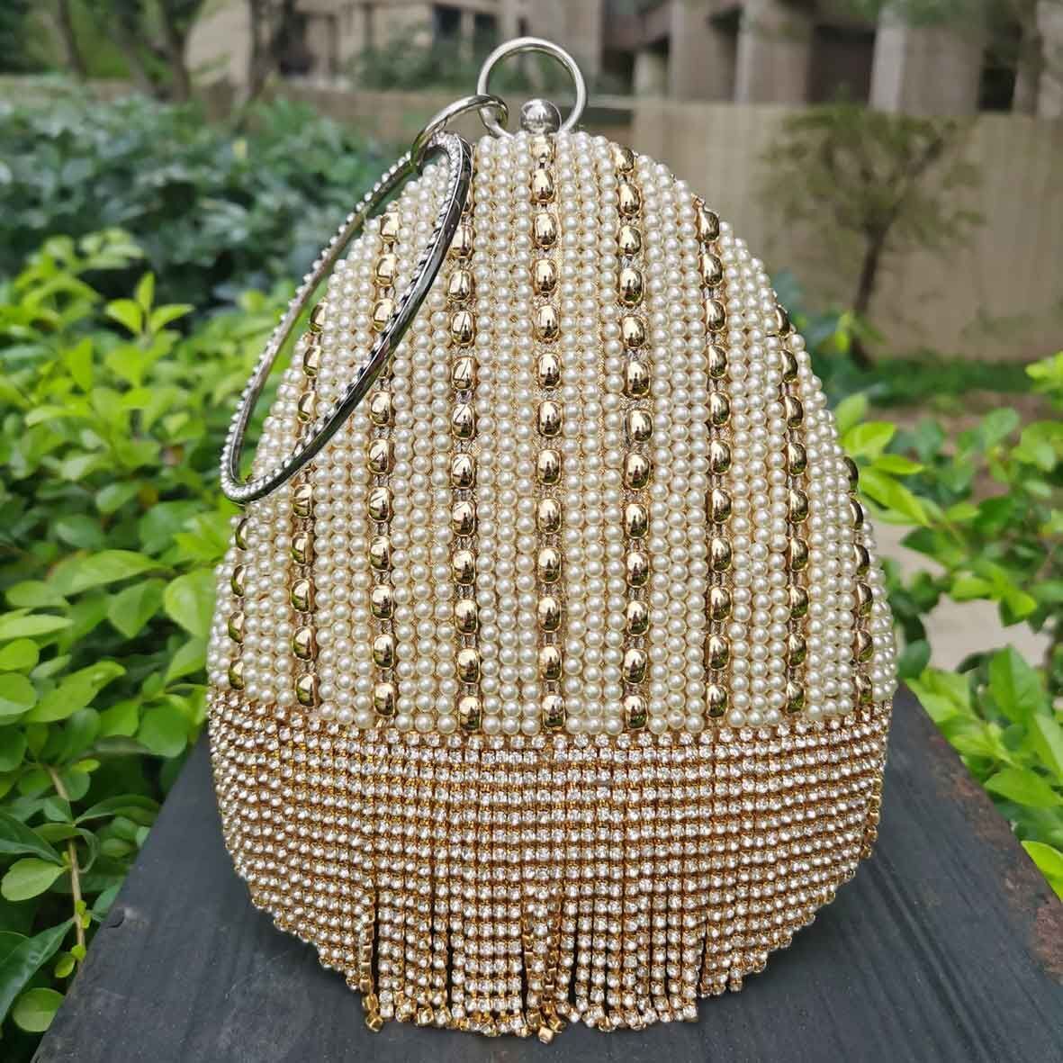 Golden Silver Beaded Ball Evening Shoulder Bag Wedding Party Handbag Crystal Bag