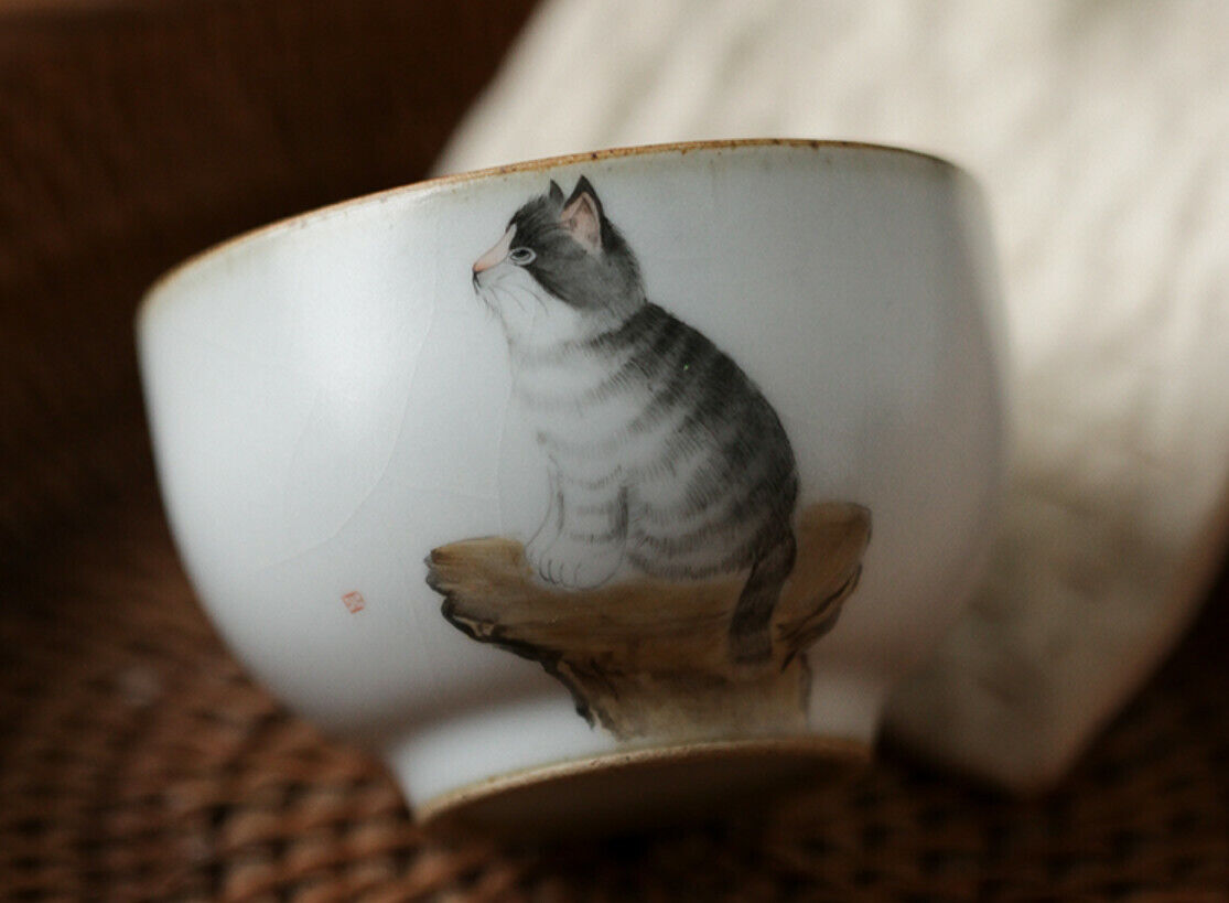 100cc Chinese Song Dynasty Antique Master Teacup Lu Yao Cat Ceramic Cup-