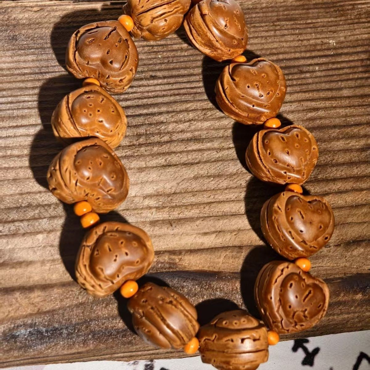 Peach Pit Carved Heart Biscuit Bracelet 22mm Unisex Handmade