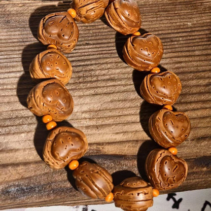 Peach Pit Carved Heart Biscuit Bracelet 22mm Unisex Handmade