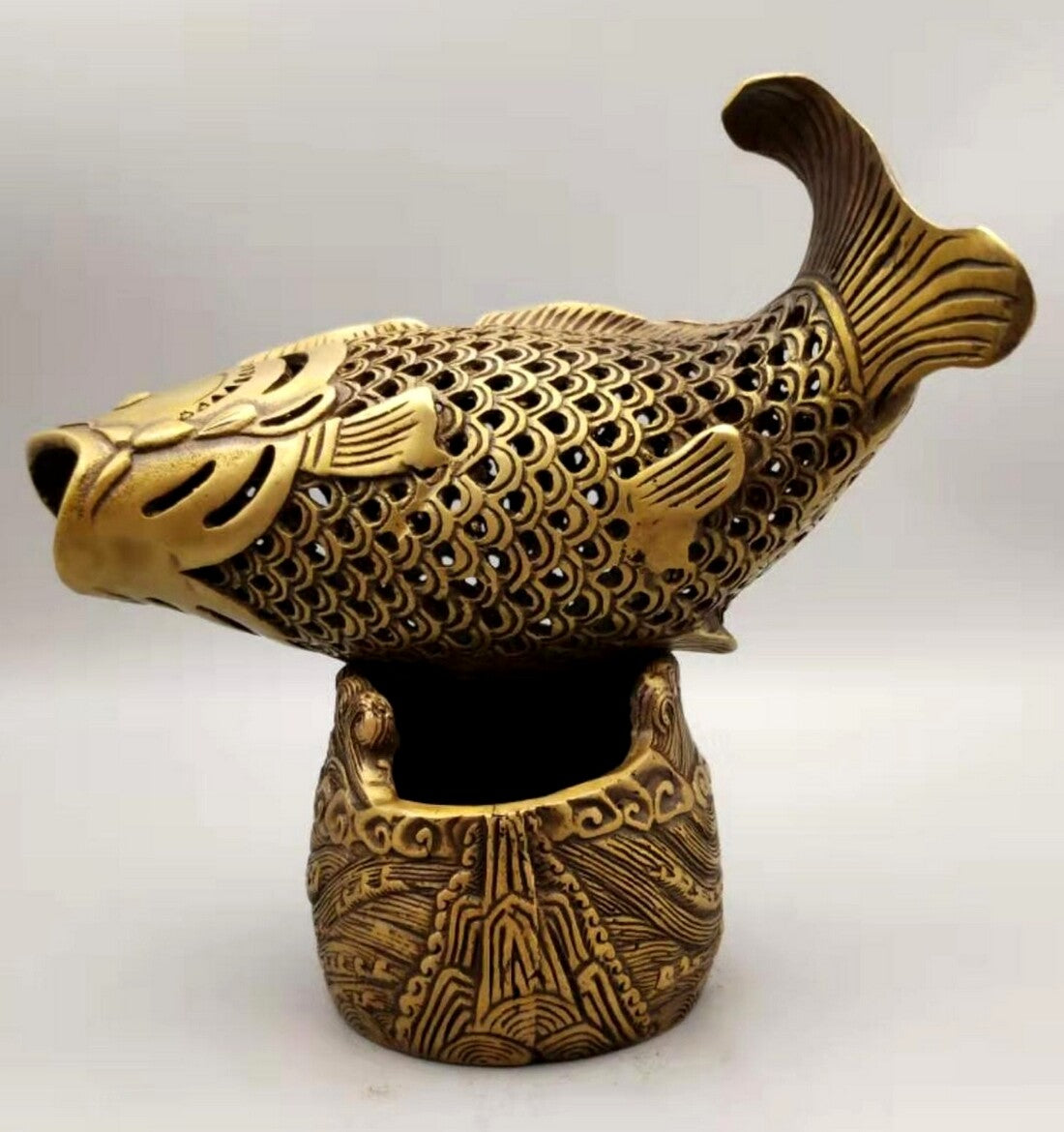 Brass Carved Fish Incense Burner Statue Animal Decor