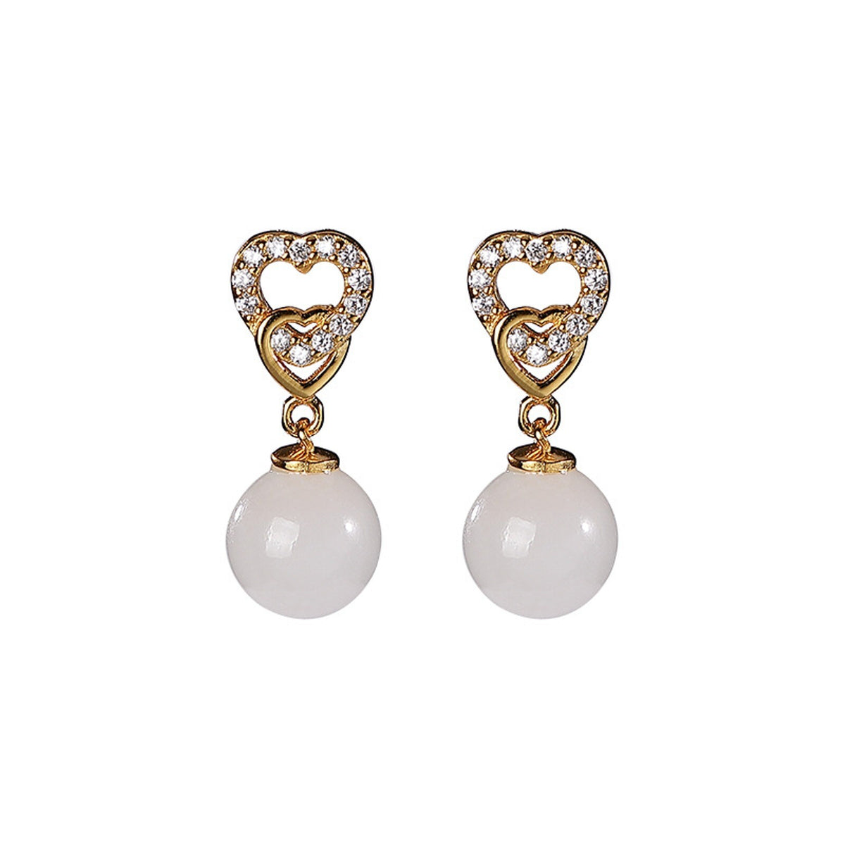 Pure S925 Sterling Silver Stud Nephrite Natural Jade Bead Heart Dangle Earrings