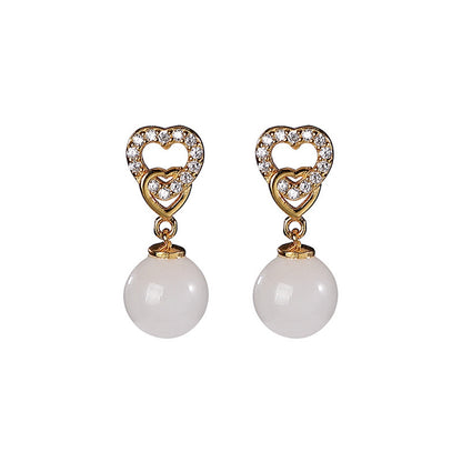 Pure S925 Sterling Silver Stud Nephrite Natural Jade Bead Heart Dangle Earrings