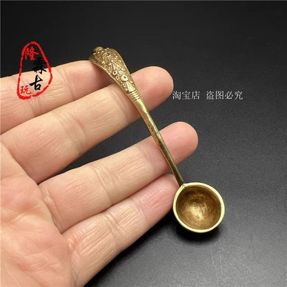 Vintage brass long handle small copper spoon engraved faucet spoon teaspoon -