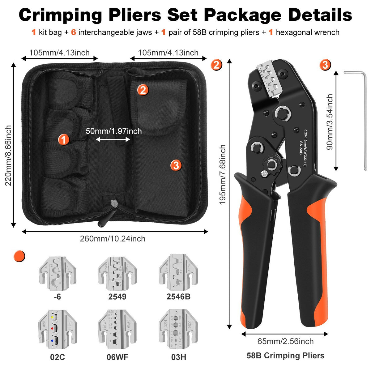 6 in 1 Crimping Tool Kit, Ratcheting Wire Crimper for Heat Shrink, Open Barrel