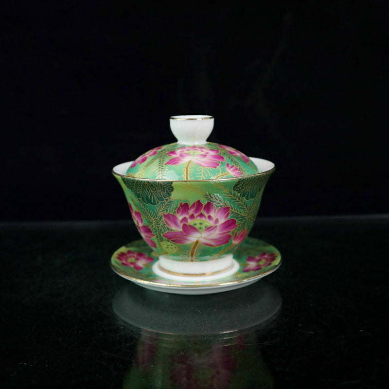 Chinese Jingdezhen Painted Pastel Lotus Flower Pattern Covered Bowl Tea Cup