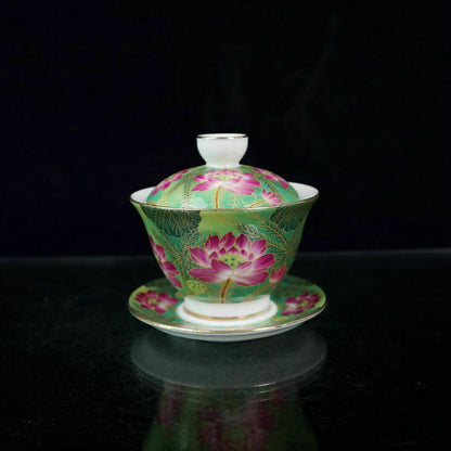 Chinese Jingdezhen Painted Pastel Lotus Flower Pattern Covered Bowl Tea Cup