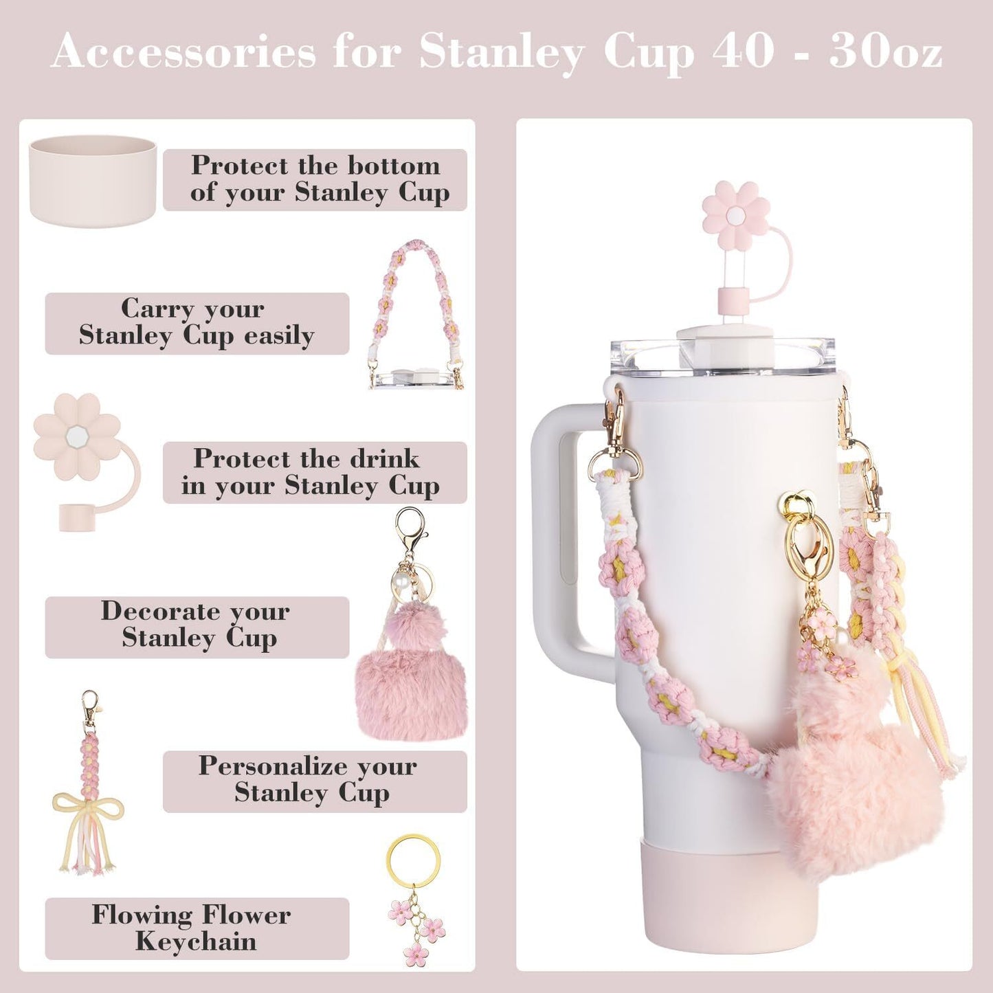 8Pcs Bling Bow Cup Accessories Decor for Stanley Charms 40oz & 30oz Tumbler