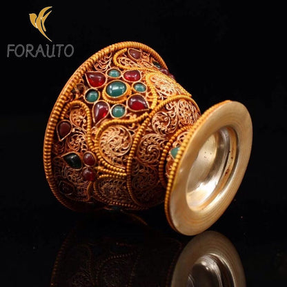 3.3 inch Chinese Tibetan Buddhist Temple Collection Casting Gemstone Collection Silver Cup -