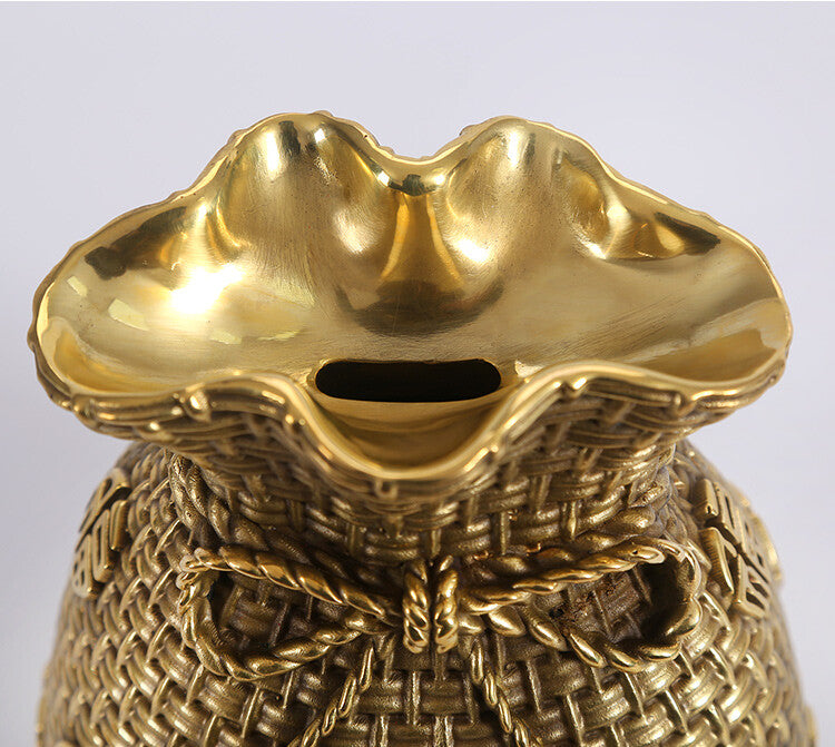 Brass Chinese Coin Pot Money Pocket Statue Saving Wealth Feng Shui Home Decor