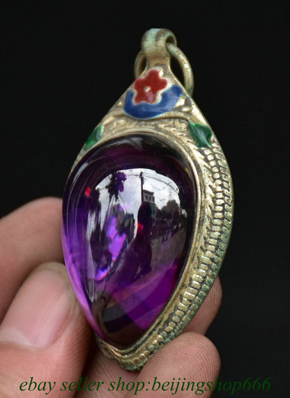 2" Old Chinese Copper Cloisonne Purple Gems Jewelry Pendant Amulet