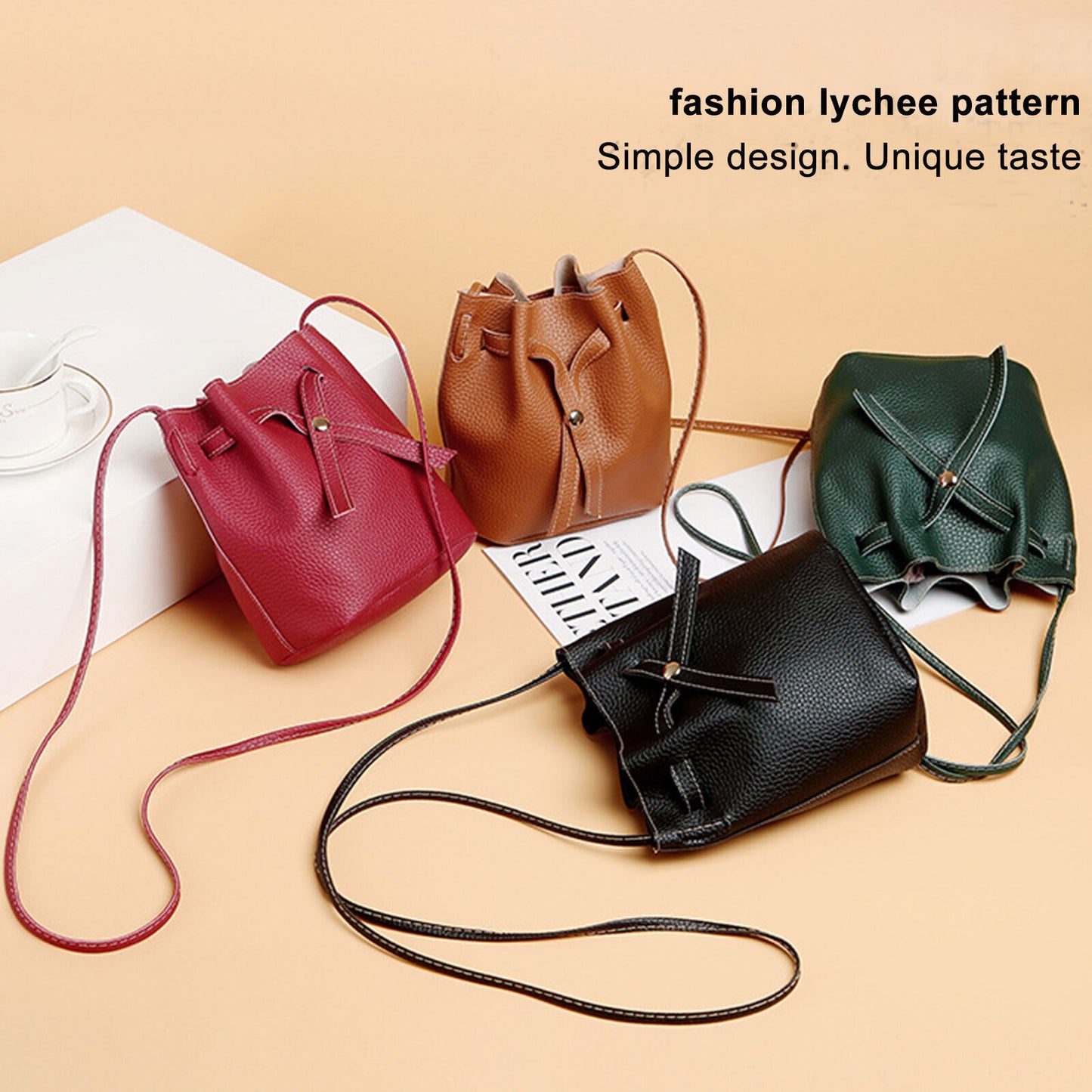 The Bucket Bag Women PU Leather Drawstring Handbag Tote Hobo Handbag Brown USA