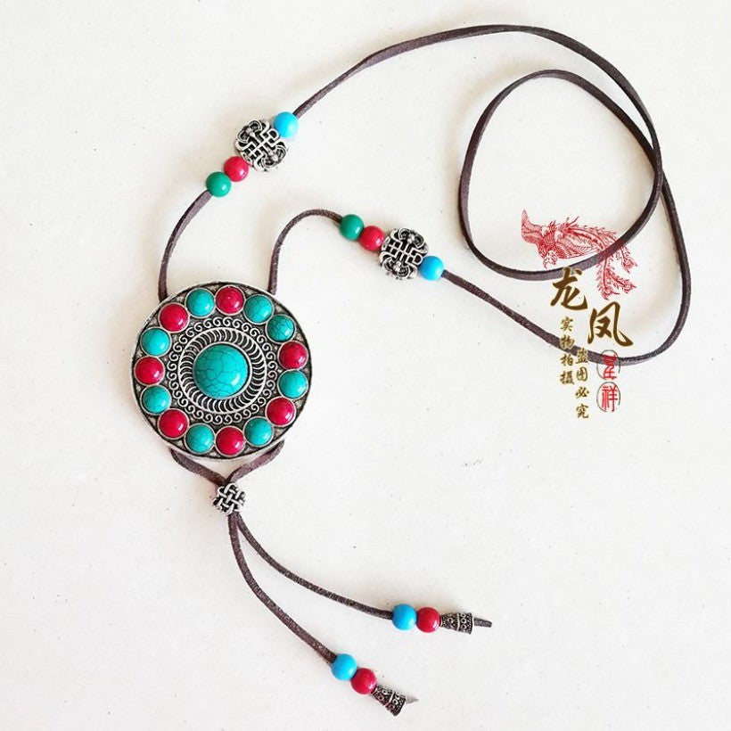 Ethnic Style Leather Rope Sweater Chain Vintage Handmade Long Necklace Boho
