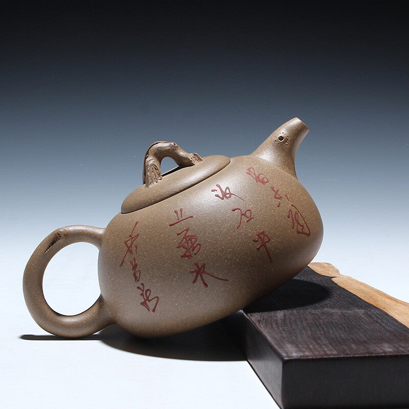Chinese Yixing Zisha Tea Pot Beautifully Painted Purple Clay Stump Tea Pot 300ml