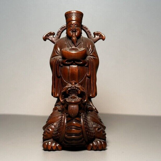 Vintage Chinese Boxwood Carved Dragon Turtle Mammon Statue Decor Wooden Figurine